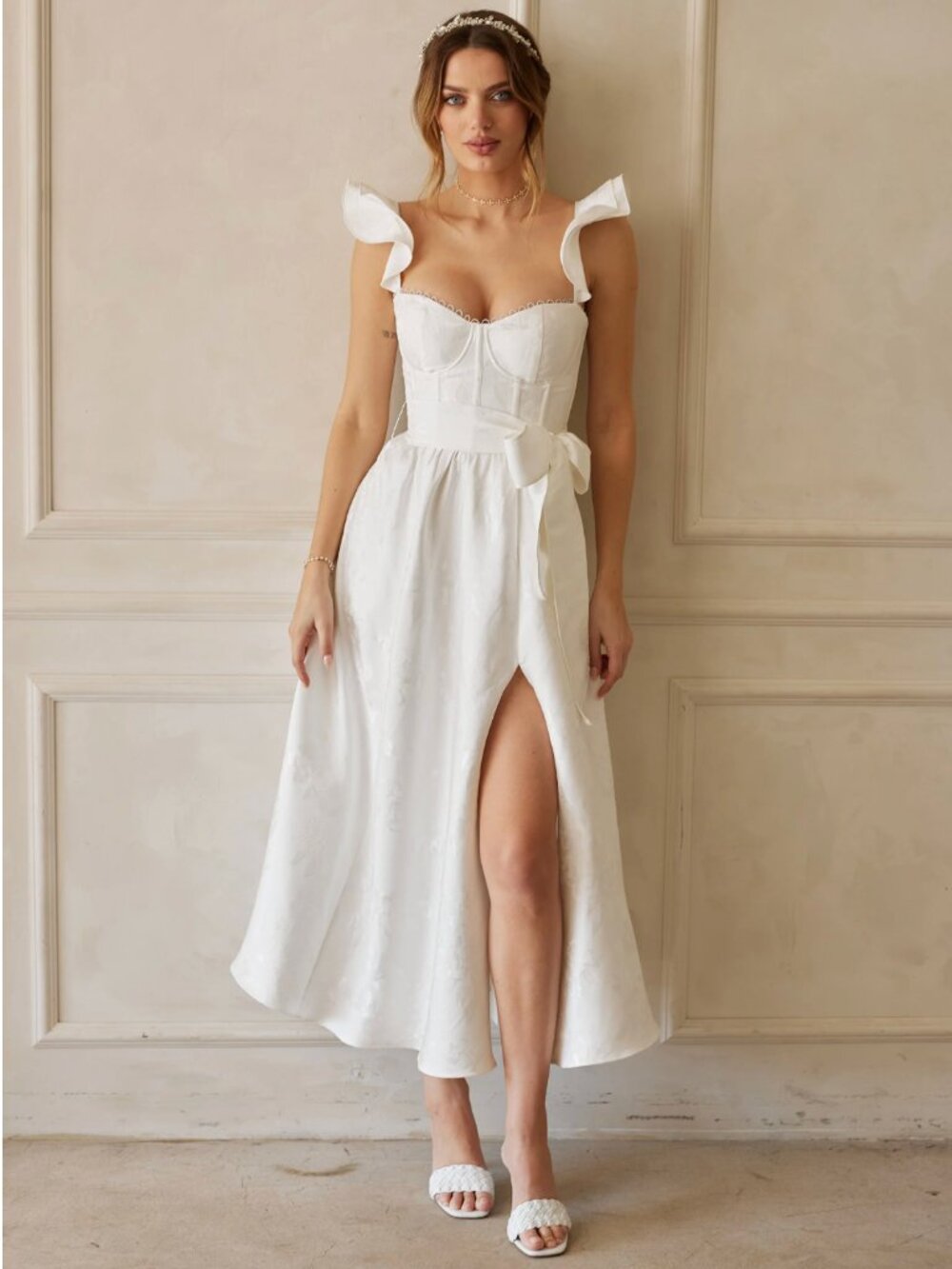 V. Chapman Vera Satin Ruffled-Sleeve Bustier Midi Dress